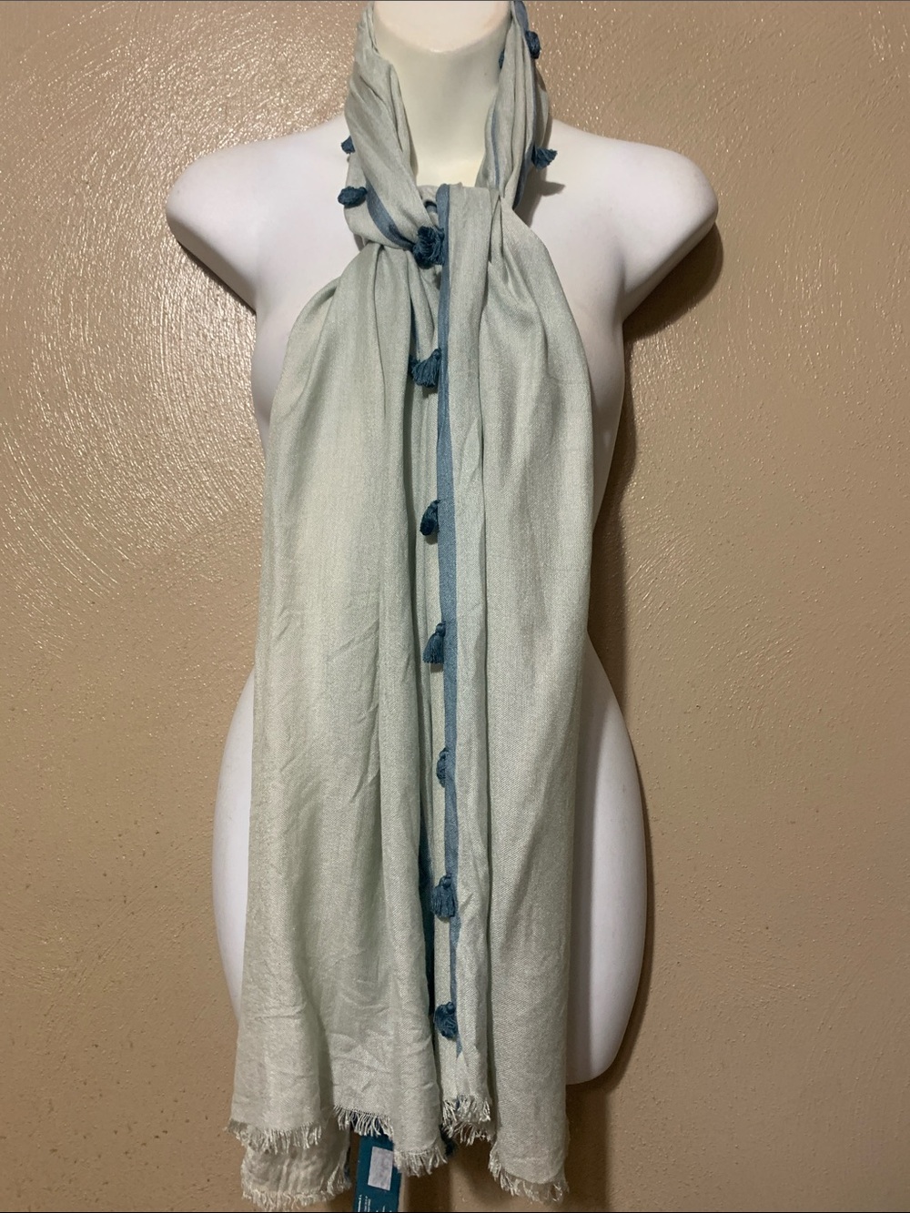 13. Vivante Pale Blue Scarf-Style Top with Teal Pom Trim 70x21 NWT
